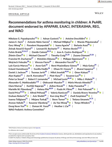 New REG Publication - Recommendations for asthma monitoring in children: A PeARL document endorsed by APAPARI, EAACI, INTERASMA, REG, and WAO