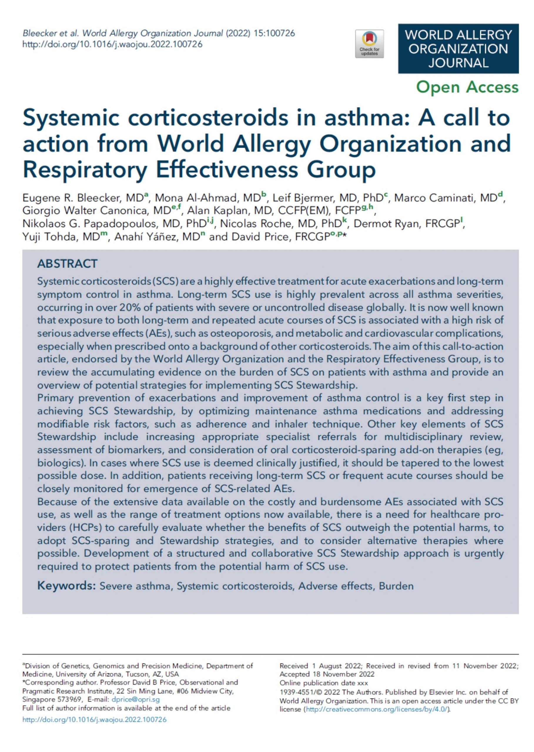 New Publication: Systemic corticosteroids in asthma: A call to action